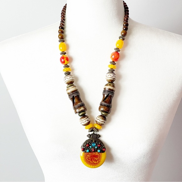 Vintage Jewelry - Vintage Sun Like Amazigh Amber & Bone Chunky Necklace